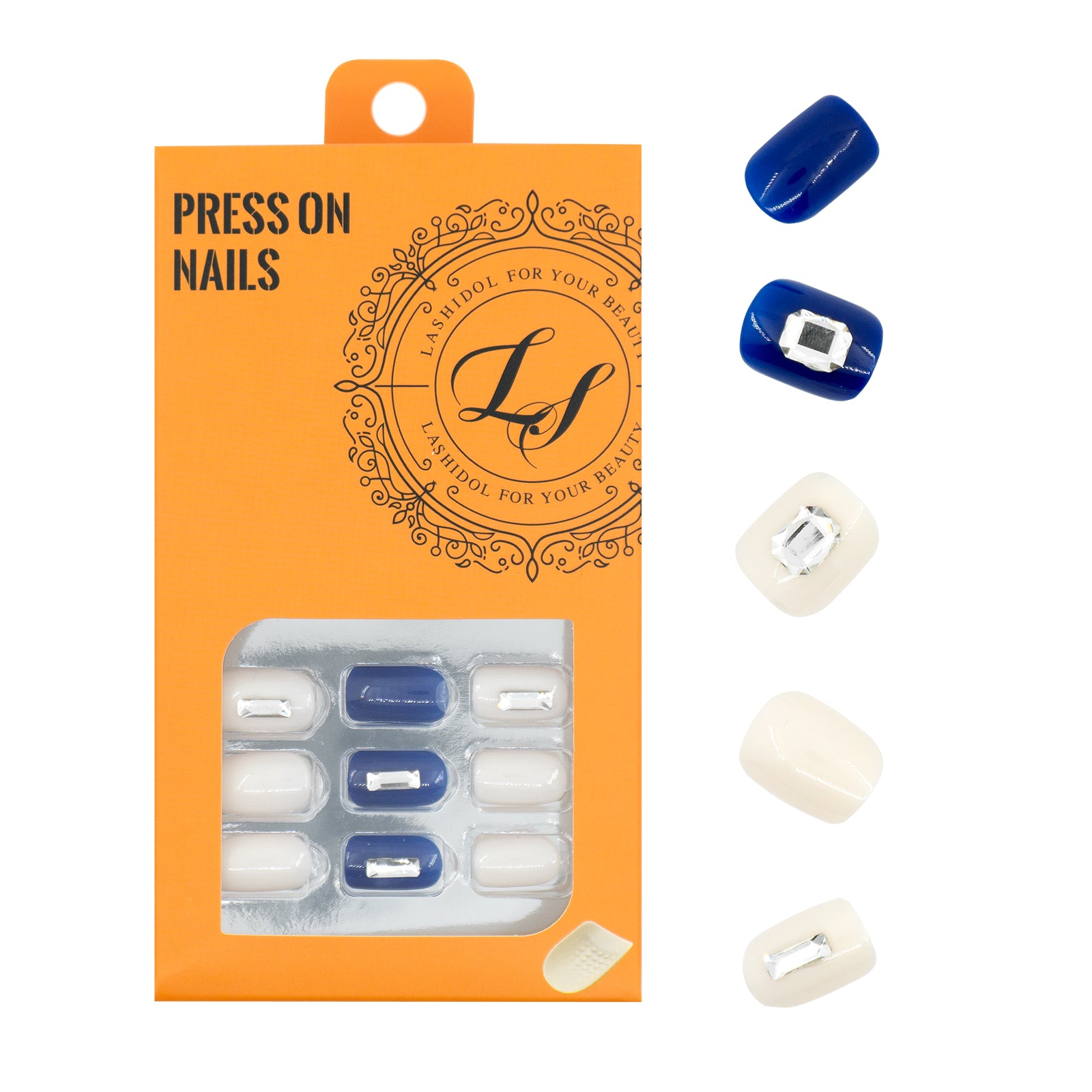 LASHIDOL Press On Magic Nails Blue White with Square Diamond LI-TPUN-QL-5#-YSK 24 -C-20232