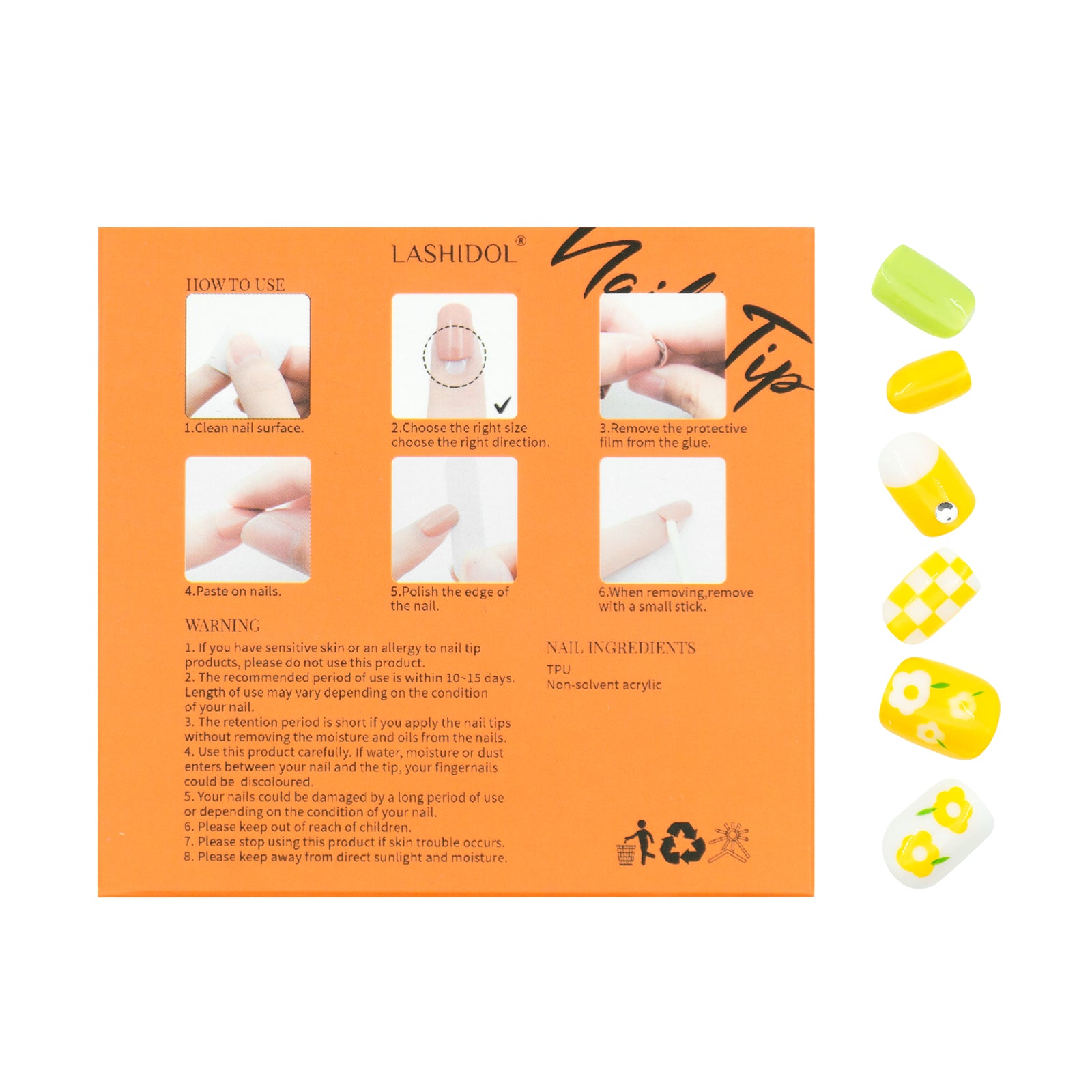 LASHIDOL Press On Magic Nails Summer Yellow Green Flower