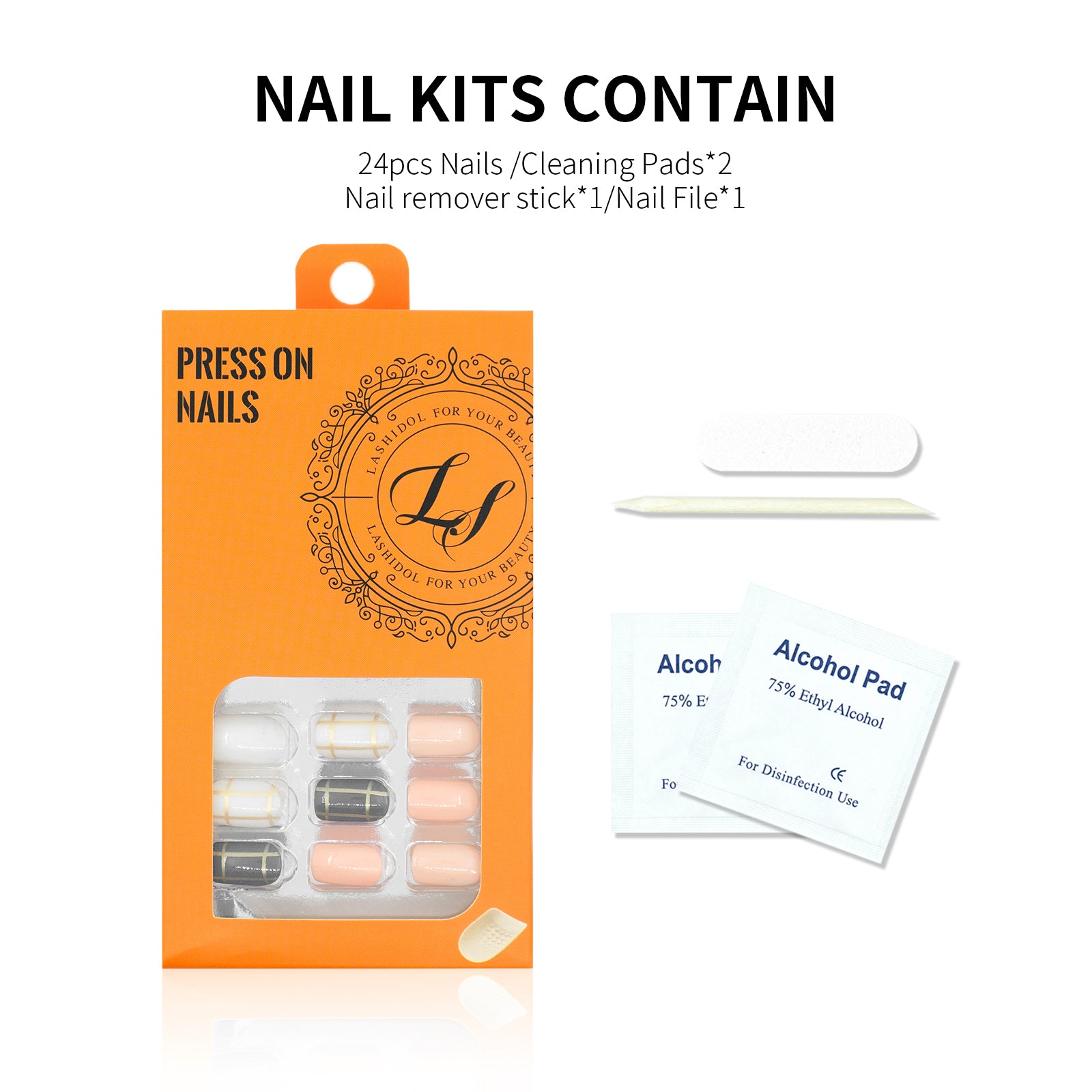 LASHIDOL Press On Magic Nails Champagne pink blue check LI-TPUN-QL-2#-YSK 24 -C-20232