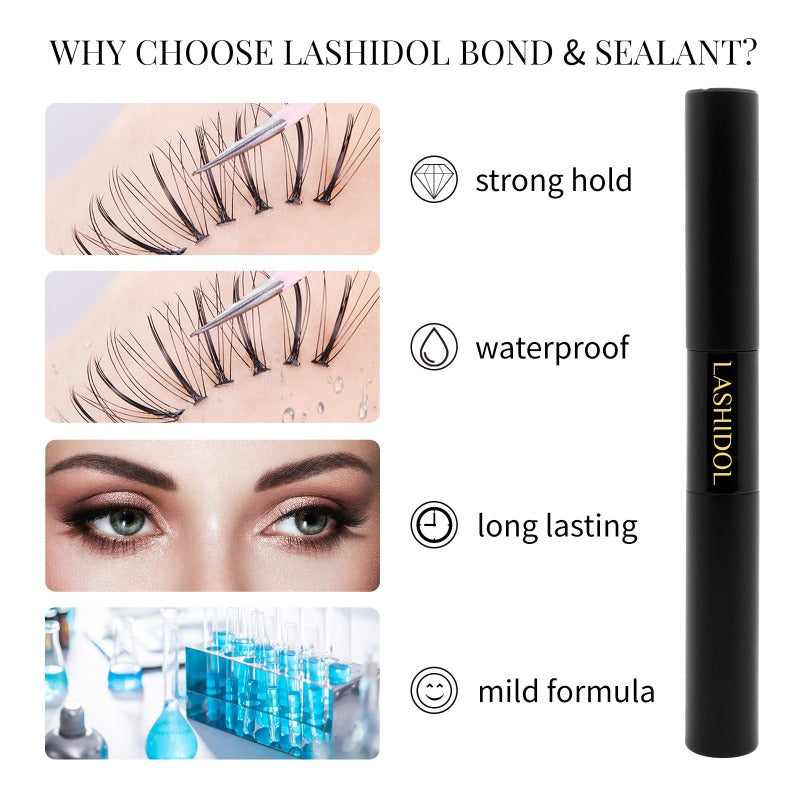 LASHIDOL Seal&Bond for Lash Clusters Individual Lashes Glue and Seal Super Strong Hold DIY Lash Extension Kit Hold 48-72 Hours Waterproof Cluster