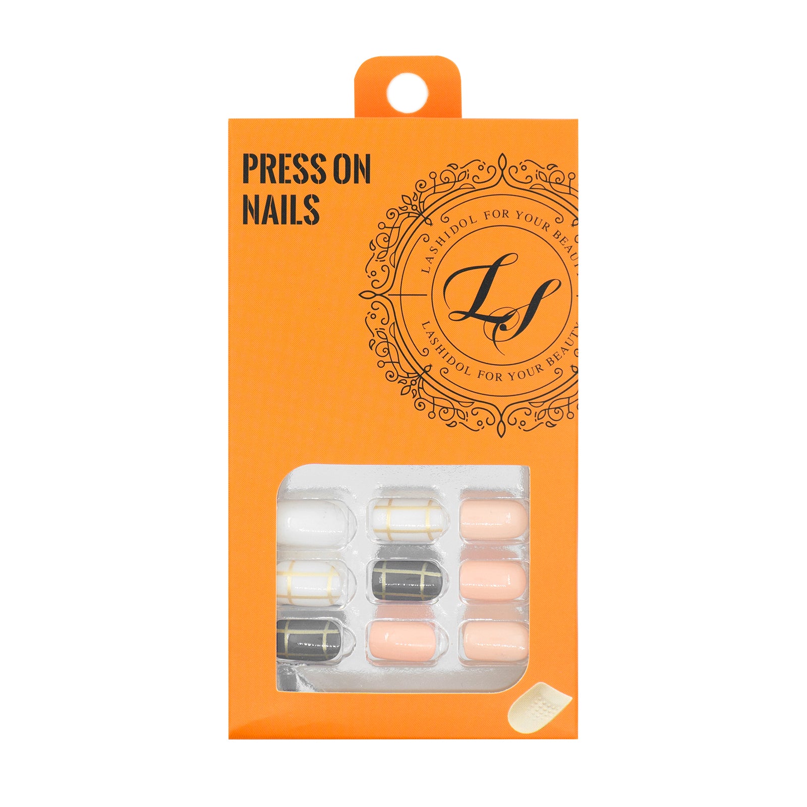 LASHIDOL Press On Magic Nails Champagne pink blue check LI-TPUN-QL-2#-YSK 24 -C-20232