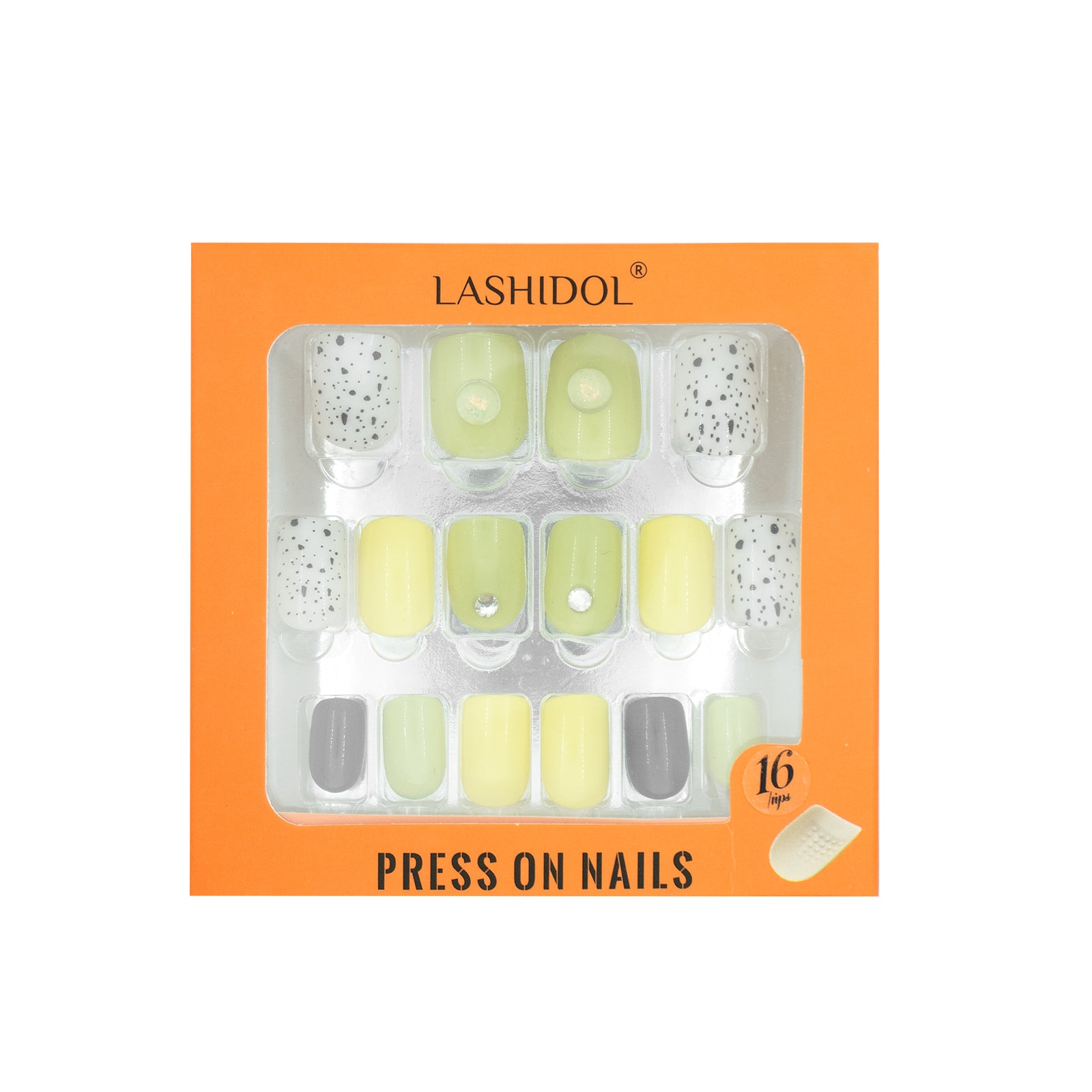 LASHIDOL Press On Magic Nails Green Drop Yellow Spot LI-TPUN-"QL-3#-YSK 16 "-C-20232