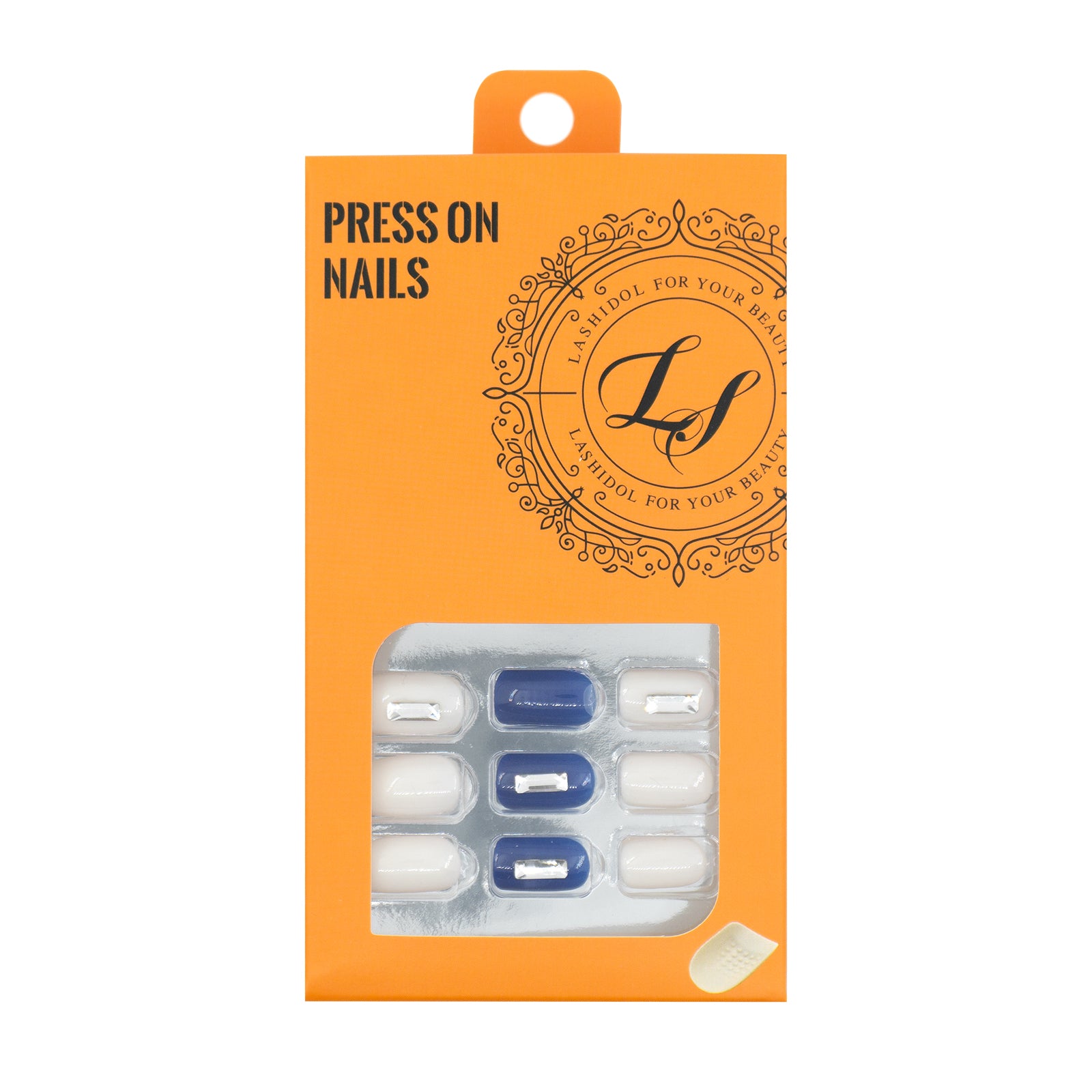 LASHIDOL Press On Magic Nails Blue White with Square Diamond LI-TPUN-QL-5#-YSK 24 -C-20232
